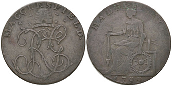 Великобритания, Макклсфилд 1/2 пенни 1792 герб в виде улья и пчел, гурт надпись Dalton Hammer 72 медь 1523-222