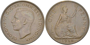 Великобритания 1 пенни 1948 Георг VI (1936-1952) KM 845, Spink 4114 бронза 180-131
