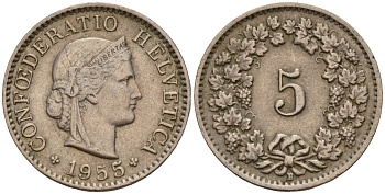 Швейцария 5 раппенов 1955 B KM 26 медно-никель 4189-328