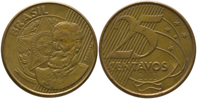 Бразилия 25 сентаво 2003 KM 650, Schon 158 сталь плакированная бронзой 4525-333