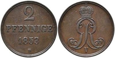 Ганновер 2 пфеннига 1853 В, ГЕОРГ V (1851-1866) KM 217 медь 4448-1056