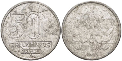 Бразилия 50 крузейро 1991 KM 620.2 нержавеющая сталь 4364-1852