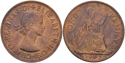 Великобритания 1 пенни 1967 Елизавета II (1952-2022) KM 897, Spink 4157 бронза 4140-136