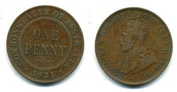 АВСТРАЛИЯ 1 ПЕННИ 1921 ГЕОРГ V KM 23 бронза 7-5-25-34