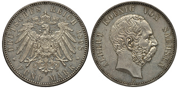 Саксония 5 марок 1898 Альберт Саксонский (1873-1892) KM 1246, J.125 цена по каталогу МТ 900 евро aUNC 10-017-40