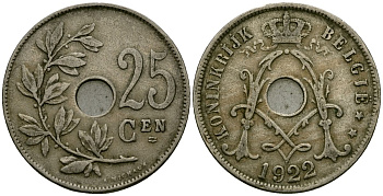Бельгия 25 сантимов 1922 Belgie KM 69 медно-никель 4165-836