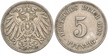 ГЕРМАНИЯ 5 ПФЕННИГОВ 1902 A, KM 11, J. 12 медно-никель 73-1543