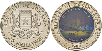 Сомали 25 шиллингов 1998 история мирового судоходства, гибель Титаника (RMS Titanic) KM 41 медно-никель PROOF 11-082-34