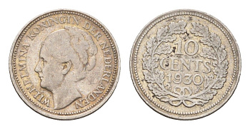 Нидерланды 10 центов 1930 Вильгельмина (1890-1948) KM 163 серебро 4674-1233