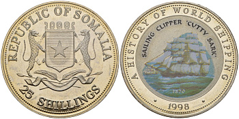 Сомали 25 шиллингов 1998 история мирового судоходства, Парусный клипер "Катти Сарк" KM 50 медно-никель PROOF 00-000-00