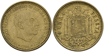 Испания 1 песета 1966 (68) Франсиско Франко (1939 - 1975) KM 796 алюминиевая бронза 4155-345