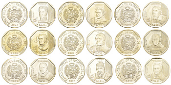 Перу лот из 9 монет по 1 соль 2021-2023 серия герои Перу KM NEW медь никель цинк  UNC  M68-07