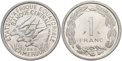 Экваториальные Африканские штаты, Камерун 1 франк 1969 антилопы KM 6 алюминий UNC 4142-531