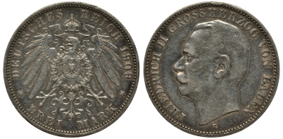 Баден 3 марки 1909 Фридрих II (1907-1918) J. 39, KM 280 серебро    3711-1631