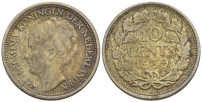 Нидерланды 10 центов 1939 Вильгельмина I (1890-1948) KM 163 серебро 4525-1255