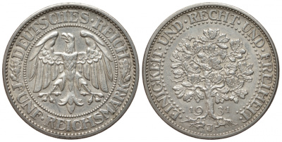 Германия 5 рейхсмарок 1931 J, Веймарская республика, дуб Weege 21, J. 331, KM 56 серебро 00-814-77