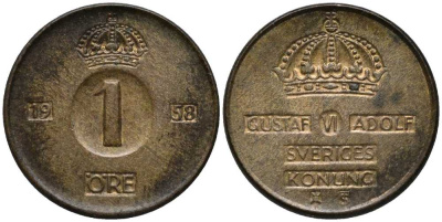 Швеция 1 эре 1958 TS, Густав VI Адольф (1950-1973) KM 820 бронза 201-1146