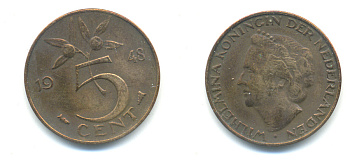 НИДЕРЛАНДЫ 5 ЦЕНТОВ 1948 ВИЛЬГЕЛЬМИНА KM 176 бронза 83-843