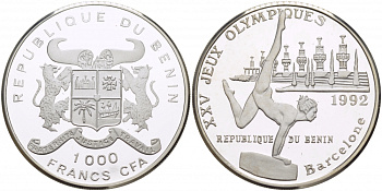 Бенин 1000 франков 1992 Олимпийские игры 1992 года в Барселоне, гимнастка на бревне KM 4 серебро PROOF 1068-1-24