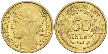 ФРАНЦИЯ 50 САНТИМОВ 1941 ТИП MORLON KM 894.1, LE FRANC 192.18 алюминиевая бронза 44-547