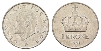 Норвегия 1 крона 1991 Улаф V (1957-1991) KM 419 медно-никель 4635-732