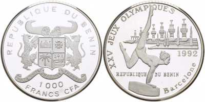 Бенин 1000 франков 1992 Олимпийские игры 1992 года в Барселоне, гимнастка на бревне KM 4 серебро PROOF 1068-1-24