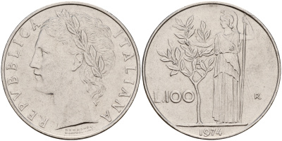Италия 100 лир 1974 R, Афина в доспехах KM 96.1 нержавеющая сталь    4601-1047