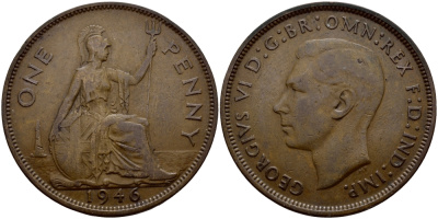 Великобритания 1 пенни 1946 Георг VI (1936-1952) KM 845, Spink 4114 бронза 4394-821