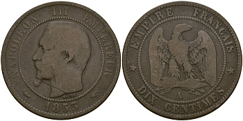 Франция 10 сантимов 1853 A- Париж, Наполеон III (1852 - 1870) KM 771 бронза 4168-534
