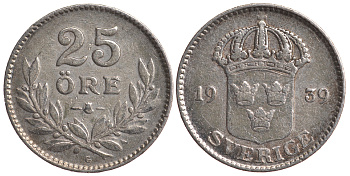 Швеция 25 эре 1939 G, Густав V (1907-1950) KM 785 серебро 4179-852