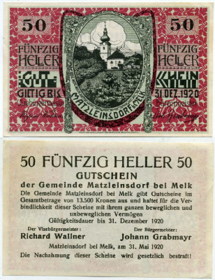 Австрия, Матцлейнсдорф (Мельк) 50 геллеров 1920 нотгельд бумага UNC 444-139-3