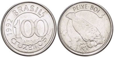 БРАЗИЛИЯ 100 КРУЗЕЙРО 1992 РЕФОРМА 1990-1993, ЛАМАНТИН KM 623 нержавеющая сталь 4387-951
