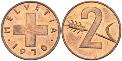Швейцария 2 раппена 1970 KM 47 бронза UNC 4592-732