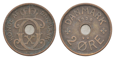Дания 2 эре 1929 N, Кристиан X (1912-1947) KM 827 бронза 4639-743