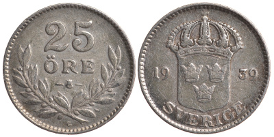 Швеция 25 эре 1939 G, Густав V (1907-1950) KM 785 серебро 4179-852