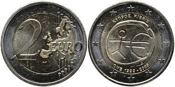 Кипр 2 евро 2009 10 лет монетарной политики ЕС (EMU) и введения евро KM 89 биметалл UNC 115-1041