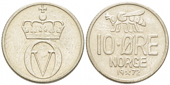 Норвегия 10 эре 1972 пчела, Улаф V (1958-1991) KM 411 медно-никель 3955-229