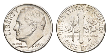 США 1 дайм (10 центов) 1964 D KM 195 серебро aUNC 4639-234