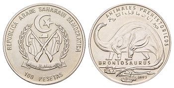 Западная Сахара 100 песет 1993 Доисторические животные - Бронтозавр, тираж 2.000 экземпляров KM 13 сталь плакированная никелем UNC 413-6533