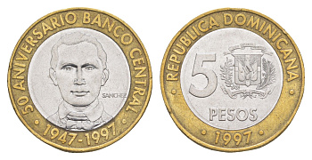 Доминиканская Республика (Доминикана) 5 песо 1997 50 лет Центробанку KM 88 биметалл 4159-1236