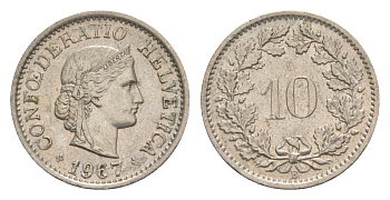 Швейцария 10 раппенов 1967 B KM 27 медно-никель 4625-413