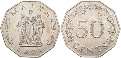 Мальта 50 центов 1972 памятник великой осаде в столице Валлетте KM 12 медно-никель 3855-1114