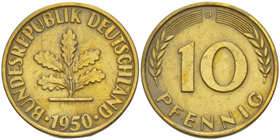 ФРГ 10 ПФЕННИГОВ 1950 D KM 108, J. 383 сталь плакированная латунью 4544-1134