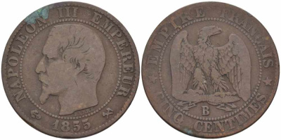 Франция 5 сантимов 1855 B, Наполеон III (1852-1870) KM 777.2, LE FRANC 116.19 бронза 108-315