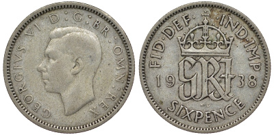 Великобритания 6 пенсов 1938 Георг VI (1936-1952) KM 852, Spink 4084 серебро 4128-816
