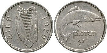 ИРЛАНДИЯ 1 ФЛОРИН = 2 ШИЛЛИНГА 1959 ЛОСОСЬ KM 15а медно-никель 4531-816