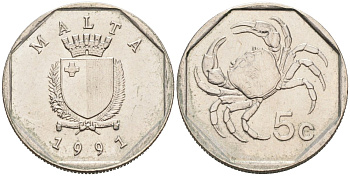 Мальта 5 центов 1991 краб KM 95 медно-никель 4575-126