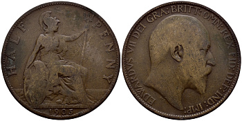 Великобритания 1/2 пенни 1905 Эдуард VII (1901-1910) KM 793.2, Spink 3991 бронза 71-1123