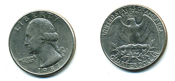 США 25 ЦЕНТОВ = КВОТЕР 1987 D, ВАШИНГТОН KM А164а медь плакированная медно-никелем 59-2035