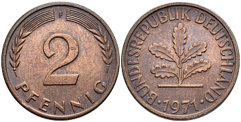 ФРГ 2 ПФЕННИГА 1971 F KM 106a, Jager 381a сталь плакированная сталь плакированная медьюю 4546-1015